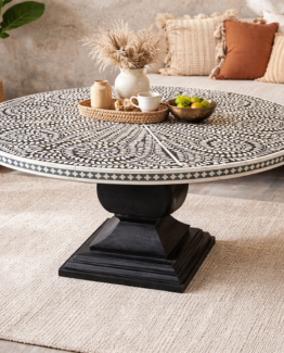Round dinning table with bone inlay top and metal base