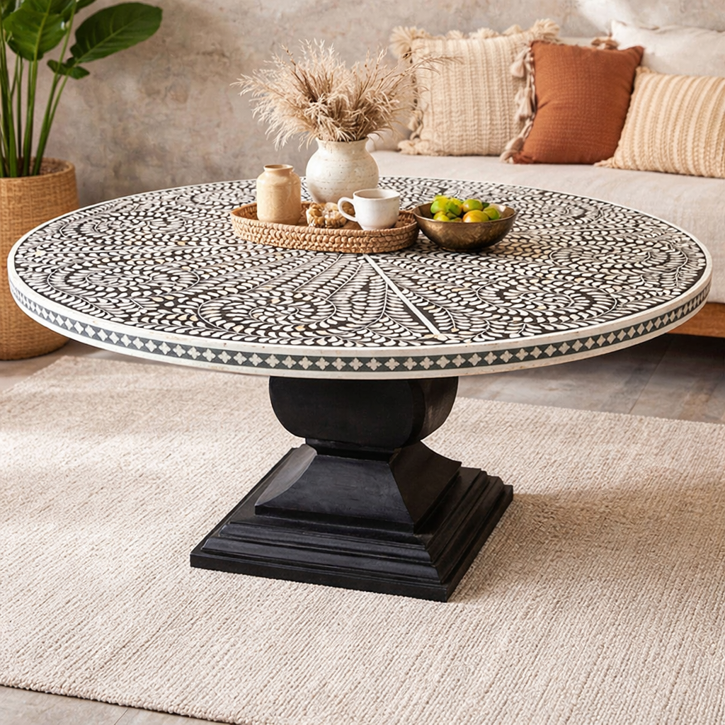 Round dinning table with bone inlay top and metal base