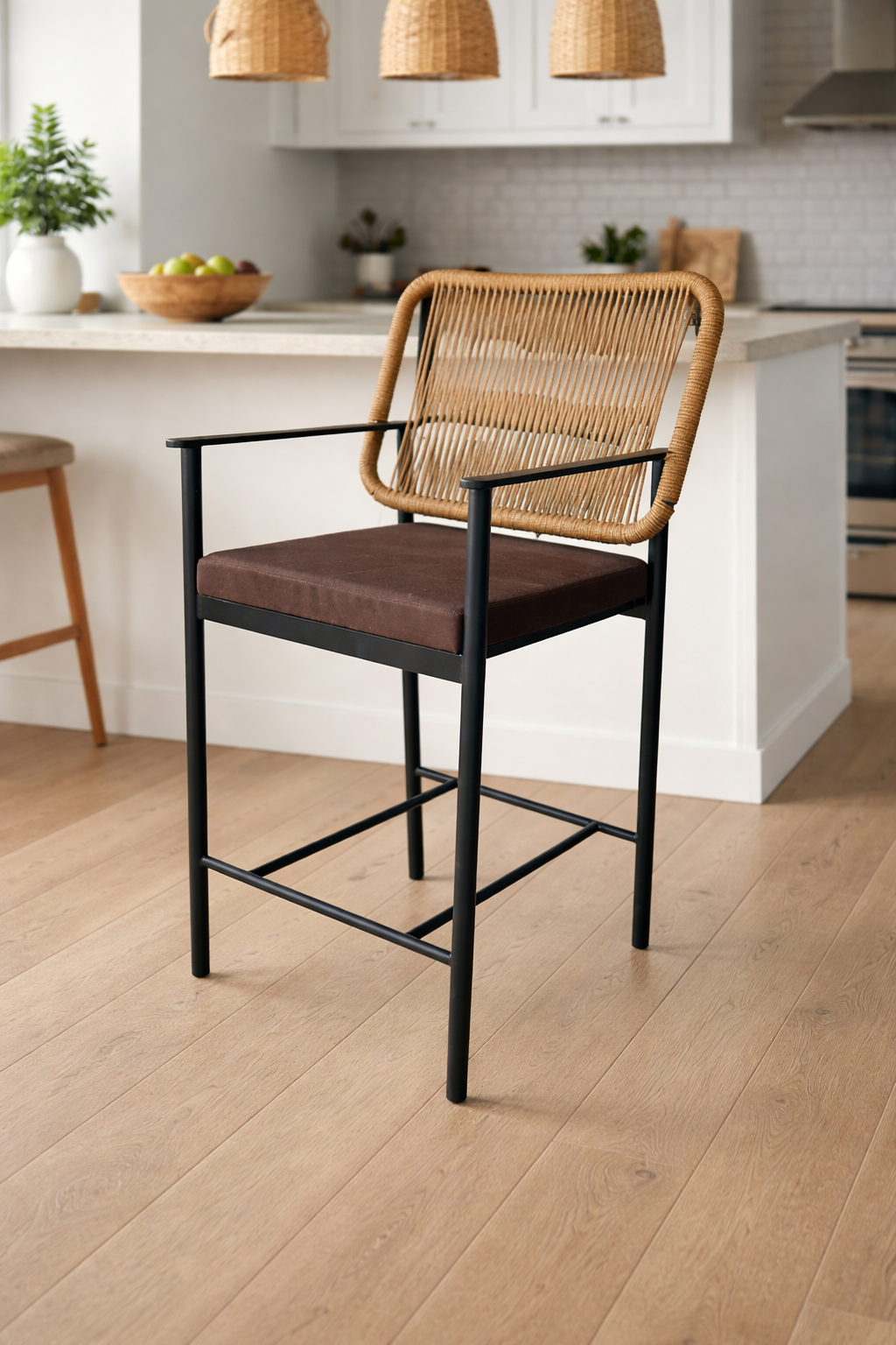 MODERN KITCHAN WITH RATTAN BARSTOOL